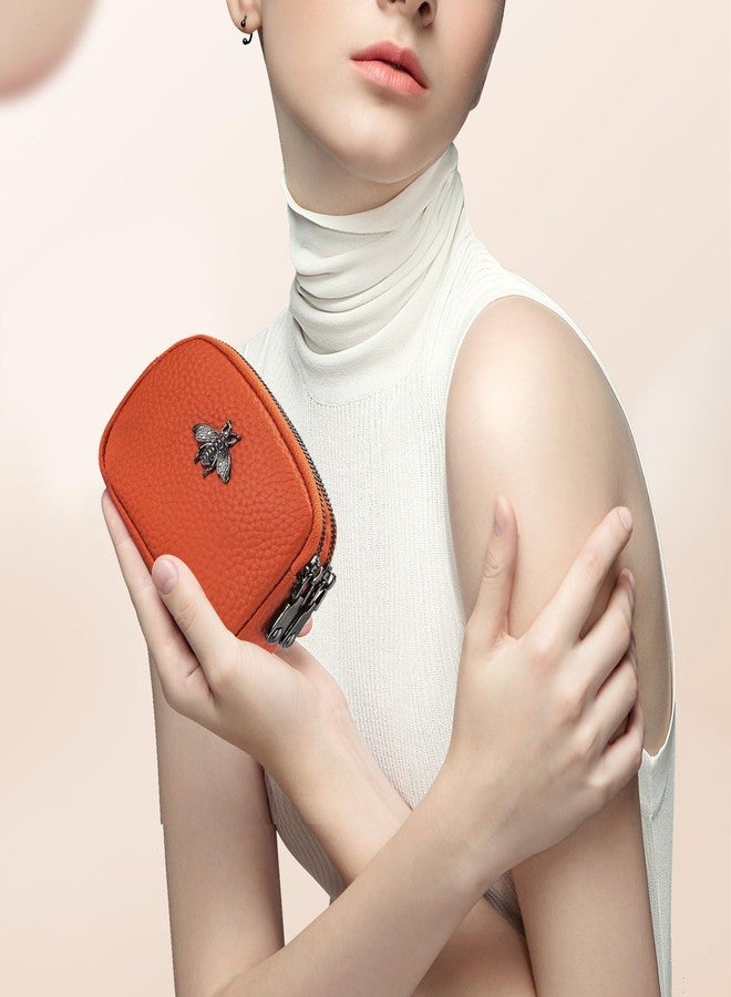 imeetu Women Leather Coin Purse, Small 2 Zippered Change Pouch Wallet(Orange) - Image 4